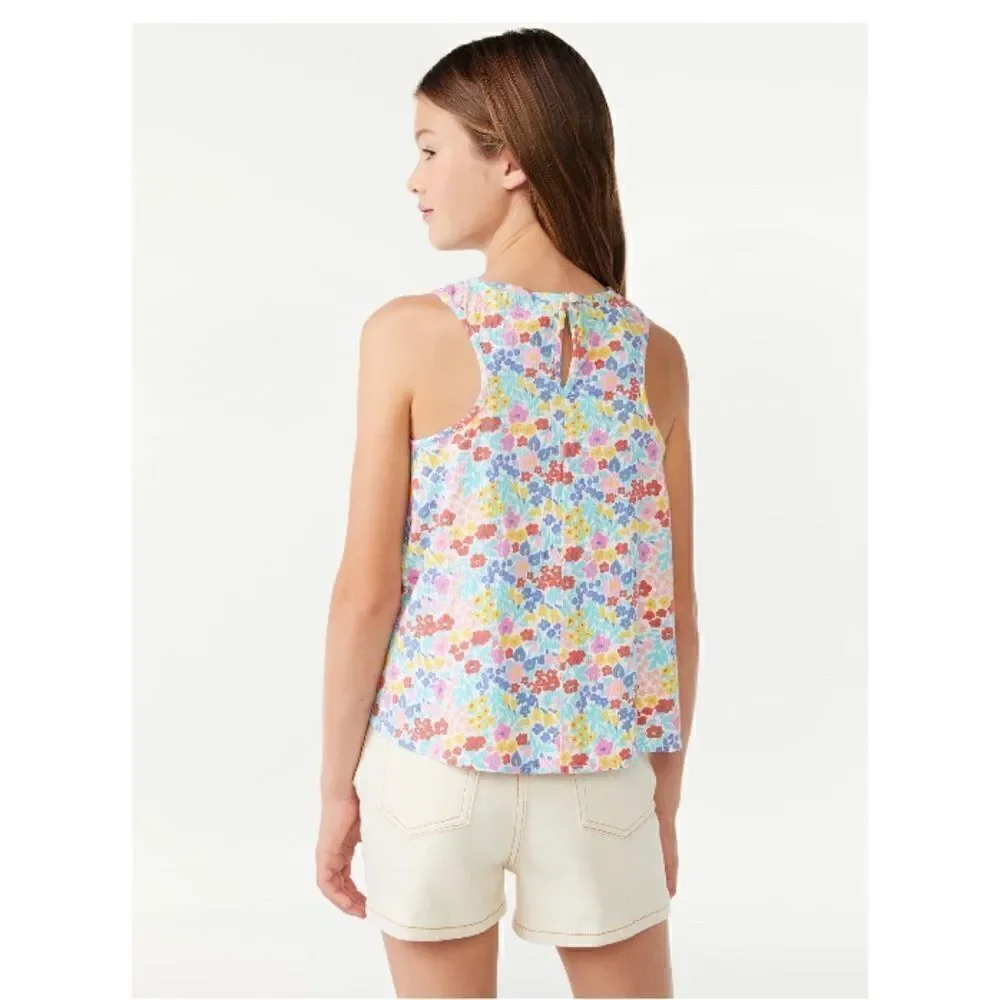 Girls Sleeveless Woven Tank Top & Crochet Denim Bermuda Shorts 2-Piece Set